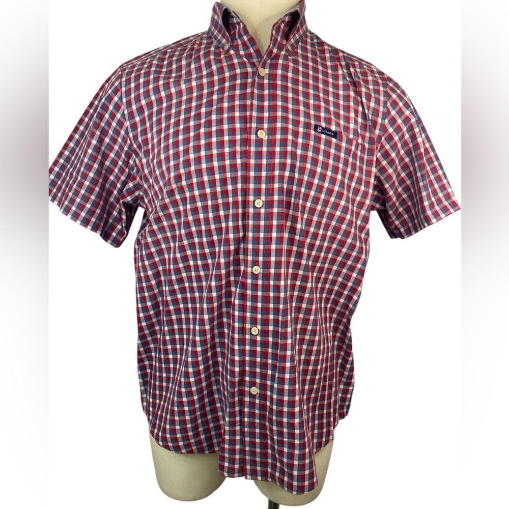 Chaps Men's Red and Blue Plaid Short Sleeve Button Up Shirt Large